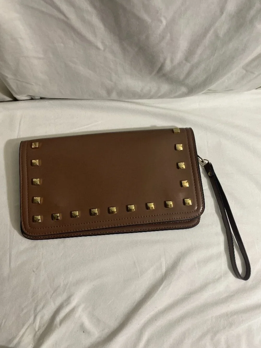 Miztique Brown Studded Wristlet Clutch Wallet Faux Leather Snap Zip Organizer